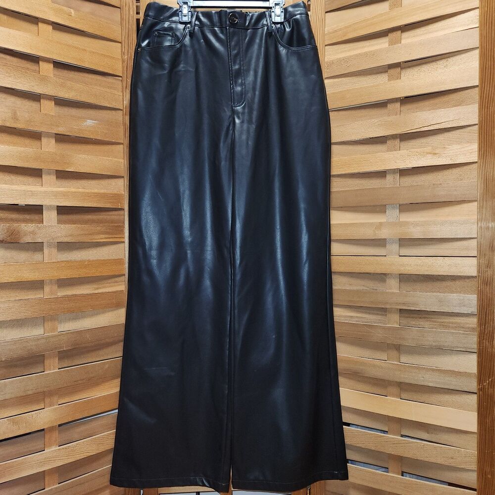 Zenana Black Wide Leg Faux Vegan Leather Pants Women L Button Zipper Closure